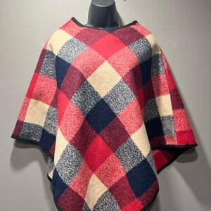 Plaid Poncho in Red, Blue, and Cream